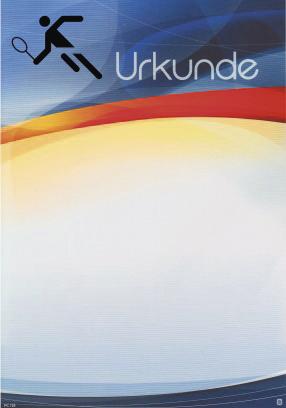 Urkunde mit Tennisspieler-Symbol und farbigem Hintergrund in Blau, Rot und Gelb.
