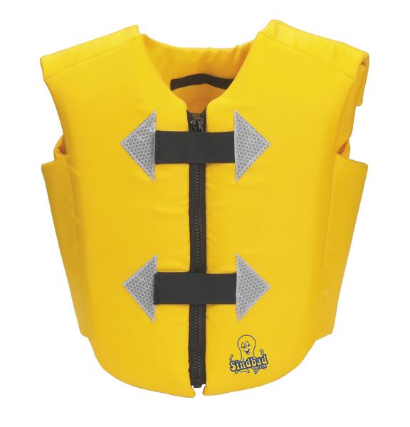 Gelbe Schwimmweste mit Reißverschluss und reflektierenden Pfeilen für Kinder.