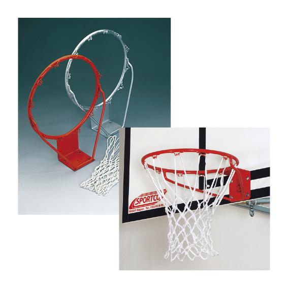 Roter Basketballkorb mit weißem Netz.