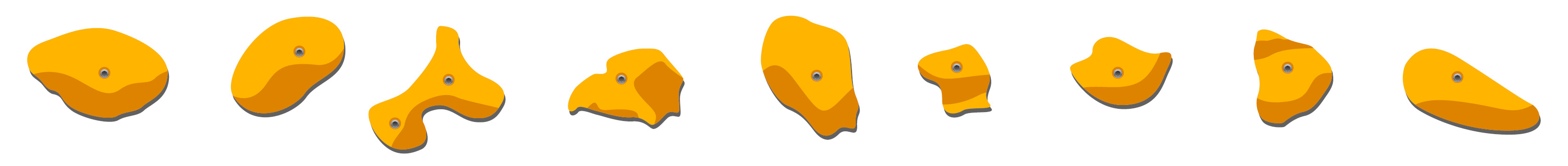 Neun gelbe Klettergriffe in unterschiedlichen Ausführungen.