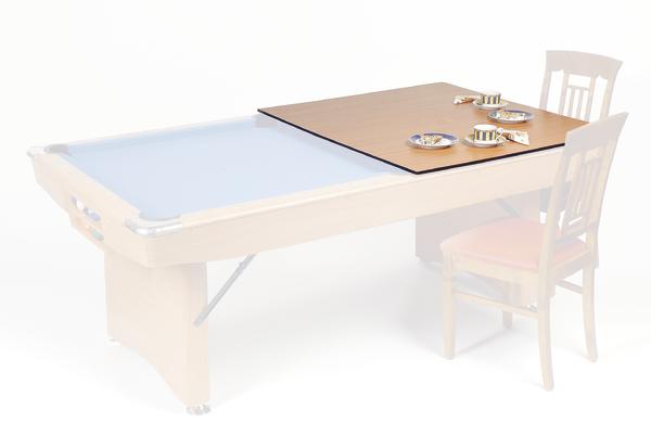 Multifunktionaler Billardtisch mit abnehmbarem Esstischaufsatz und zwei Stühlen, modernes Design.