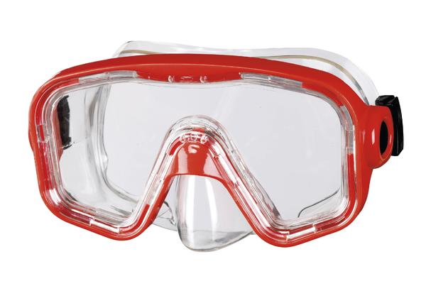 Taucherbrille mit rotem Rahmen und klarem Sichtfenster, verstellbarem Gurt.