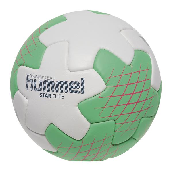 Weiß-grüner Hummel Handball mit rotem Streifenmuster, ideal für Handballspiele und Training.