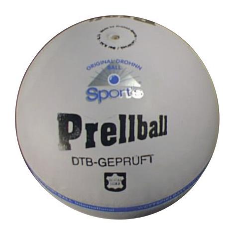 Weißer Prellball mit blauer Schrift und DTB-Prüfzeichen, Sportgerät für Prellballspiele.