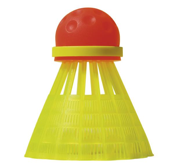 Bunter Badminton-Federball mit rotem Kopf und gelbem Kunststoff-Schaft auf weißem Hintergrund.
