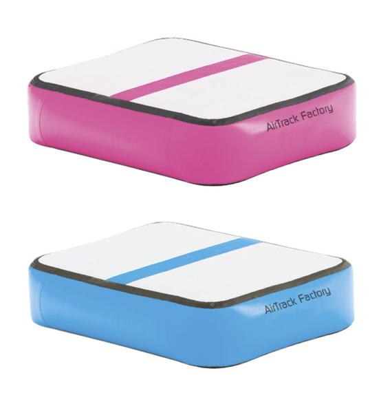 Aufblasbare AirTrack Gymnastikmatte in Pink und Blau mit weißer Oberfläche und mittlerem Streifen.